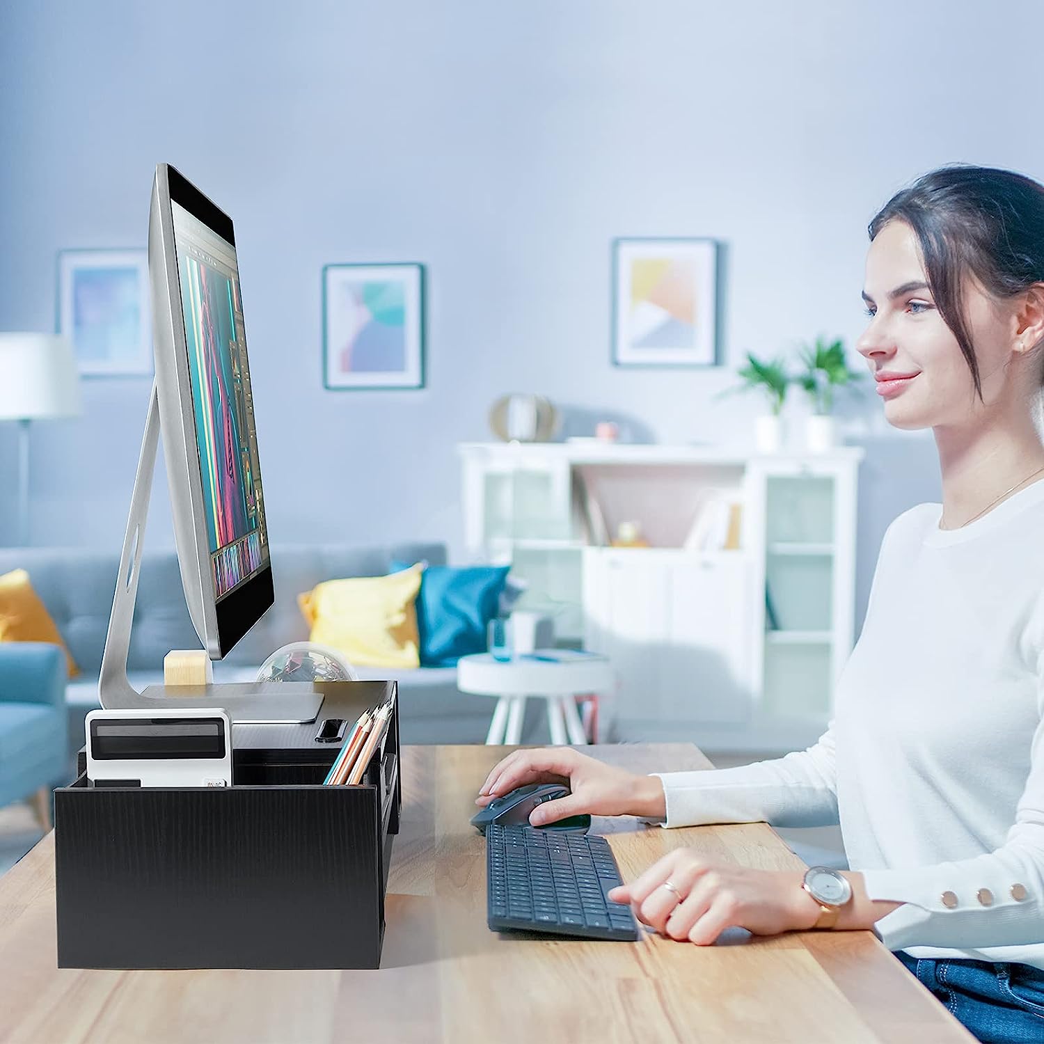 AMERIERGO Monitor Stand Desk Organization with DIY Storage Space, Monitor Riser Stand with Storage with 2 Slots & Phone Holder, Computer Stand 2 Tier for Home Office Use - Image 7